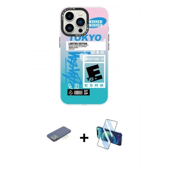 MARSİLYAN™- iPhone 13 Pro Kılıf Siluet Çizgi Koleksiyonu - Siyah 3D Antistatik Seramik Nano Ekran Koruyucu + Renkli Kamera Lens Koruma Cam - YL