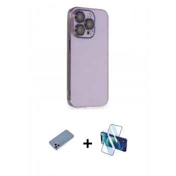 MARSİLYAN™- iPhone 13 Pro Kılıf Siluet Minimal Özel Seri - Siyah 3D Antistatik Seramik Nano Ekran Koruyucu + Shine Kamera Lens Koruma Cam - PE