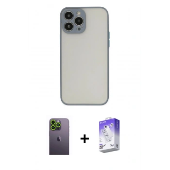 MARSİLYAN™- iPhone 13 Pro Max Kılıf Ahenk Çizgi Serisi - Siyah Bilvis 5in1 3D Magic Cam Ekran Koruyucu + Neon Fosforlu Kamera Lens - YL