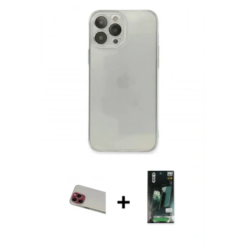 MARSİLYAN™- iPhone 13 Pro Max Kılıf Ahenk Doku - Şeffaf 360 Full Body Arka Koruyucu + Rainbow Kamera Lens Koruma Cam - KI