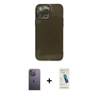 MARSİLYAN™- iPhone 13 Pro Max Kılıf Ahenk Doku - Şeffaf Pasifik Cam Ekran Koruyucu + Neon Fosforlu Kamera Lens - BZ