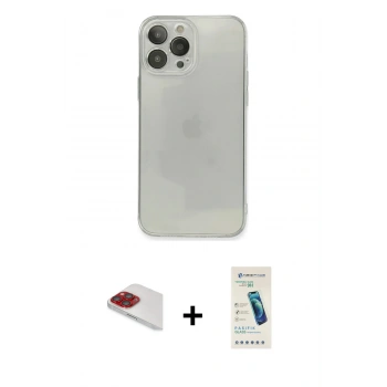 MARSİLYAN™- iPhone 13 Pro Max Kılıf Ahenk Doku - Şeffaf Pasifik Cam Ekran Koruyucu + Pers Alüminyum Kamera Lens - KI