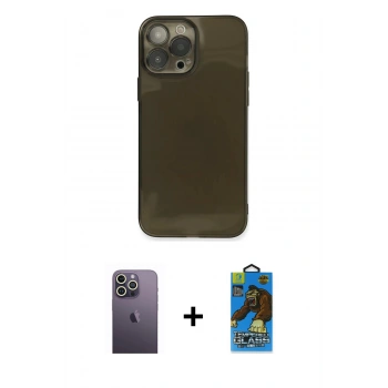 MARSİLYAN™- iPhone 13 Pro Max Kılıf Ahenk Doku - Siyah 18D Cam Ekran Koruyucu + Neon Fosforlu Kamera Lens - BZ