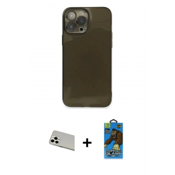 MARSİLYAN™- iPhone 13 Pro Max Kılıf Ahenk Doku - Siyah 18D Cam Ekran Koruyucu + Rainbow Kamera Lens Koruma Cam - BZ