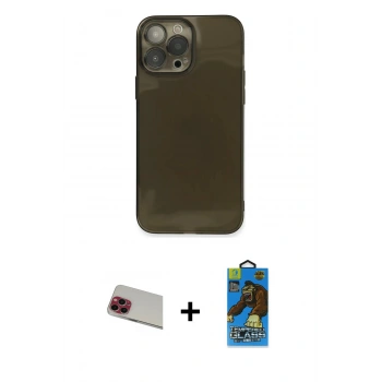 MARSİLYAN™- iPhone 13 Pro Max Kılıf Ahenk Doku - Siyah 18D Cam Ekran Koruyucu + Rainbow Kamera Lens Koruma Cam - KI