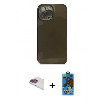 MARSİLYAN™- iPhone 13 Pro Max Kılıf Ahenk Doku - Siyah 18D Cam Ekran Koruyucu + Pers Alüminyum Kamera Lens - GI