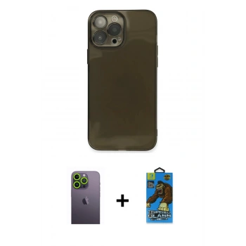 MARSİLYAN™- iPhone 13 Pro Max Kılıf Ahenk Doku - Siyah 18D Cam Ekran Koruyucu + Neon Fosforlu Kamera Lens - YL