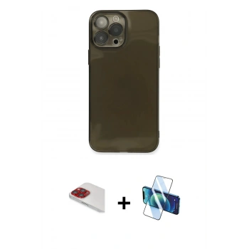 MARSİLYAN™- iPhone 13 Pro Max Kılıf Ahenk Doku - Siyah 3D Antistatik Cam Ekran Koruyucu + Pers Alüminyum Kamera Lens - KI
