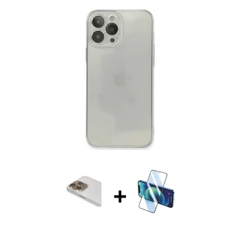 MARSİLYAN™- iPhone 13 Pro Max Kılıf Ahenk Doku - Siyah 3D Antistatik Cam Ekran Koruyucu + Pers Alüminyum Kamera Lens - GD