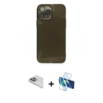 MARSİLYAN™- iPhone 13 Pro Max Kılıf Ahenk Doku - Siyah 3D Antistatik Cam Ekran Koruyucu + Pers Alüminyum Kamera Lens - SABE