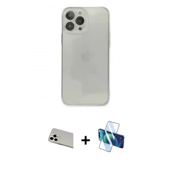 MARSİLYAN™- iPhone 13 Pro Max Kılıf Ahenk Doku - Siyah 3D Antistatik Cam Ekran Koruyucu + Rainbow Kamera Lens Koruma Cam - BZ