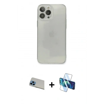 MARSİLYAN™- iPhone 13 Pro Max Kılıf Ahenk Doku - Siyah 3D Antistatik Cam Ekran Koruyucu + Rainbow Kamera Lens Koruma Cam - MI