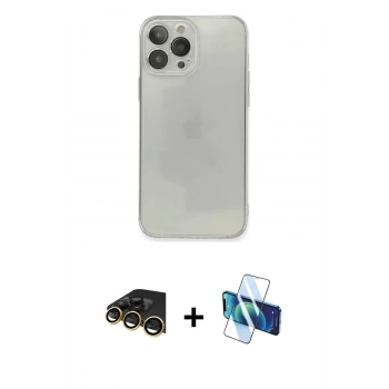 MARSİLYAN™- iPhone 13 Pro Max Kılıf Ahenk Doku - Siyah 3D Antistatik Cam Ekran Koruyucu + Raze Metal Kamera Lens - GD