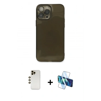 MARSİLYAN™- iPhone 13 Pro Max Kılıf Ahenk Doku - Siyah 3D Antistatik Cam Ekran Koruyucu + Shine Kamera Lens - GD
