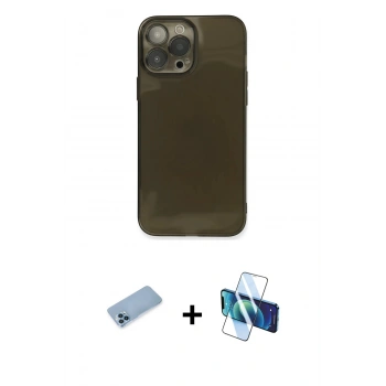 MARSİLYAN™- iPhone 13 Pro Max Kılıf Ahenk Doku - Siyah 3D Antistatik Cam Ekran Koruyucu + Shine Kamera Lens Koruma Cam - MI