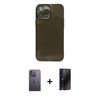 MARSİLYAN™- iPhone 13 Pro Max Kılıf Ahenk Doku - Siyah 3D Antistatik Hayalet Cam Ekran Koruyucu + Neon Fosforlu Kamera Lens - BZ