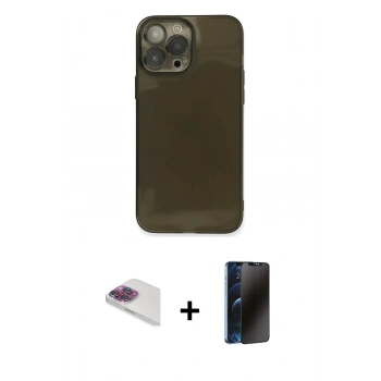 MARSİLYAN™- iPhone 13 Pro Max Kılıf Ahenk Doku - Siyah 3D Antistatik Hayalet Cam Ekran Koruyucu + Pers Alüminyum Kamera Lens - GI