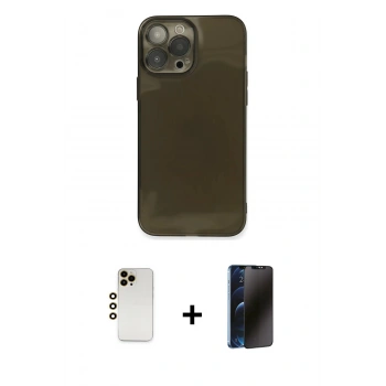 MARSİLYAN™- iPhone 13 Pro Max Kılıf Ahenk Doku - Siyah 3D Antistatik Hayalet Cam Ekran Koruyucu + Shine Kamera Lens - GD