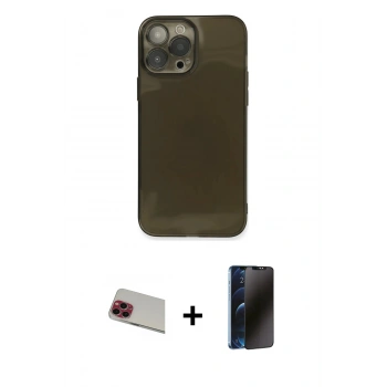 MARSİLYAN™- iPhone 13 Pro Max Kılıf Ahenk Doku - Siyah 3D Antistatik Hayalet Cam Ekran Koruyucu + Rainbow Kamera Lens Koruma Cam - KI