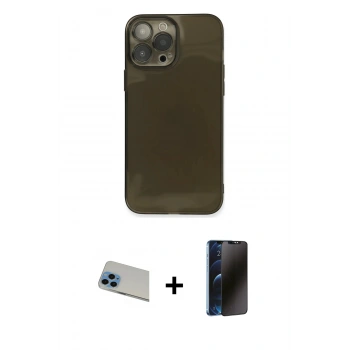 MARSİLYAN™- iPhone 13 Pro Max Kılıf Ahenk Doku - Siyah 3D Antistatik Hayalet Cam Ekran Koruyucu + Rainbow Kamera Lens Koruma Cam - MI