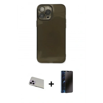 MARSİLYAN™- iPhone 13 Pro Max Kılıf Ahenk Doku - Siyah 3D Antistatik Hayalet Cam Ekran Koruyucu + Rainbow Kamera Lens Koruma Cam - MR