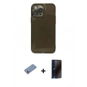 MARSİLYAN™- iPhone 13 Pro Max Kılıf Ahenk Doku - Siyah 3D Antistatik Hayalet Cam Ekran Koruyucu + Shine Kamera Lens Koruma Cam - PE