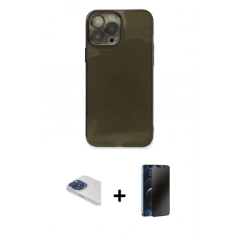 MARSİLYAN™- iPhone 13 Pro Max Kılıf Ahenk Doku - Siyah 3D Antistatik Hayalet Cam Ekran Koruyucu + Pers Alüminyum Kamera Lens - LT
