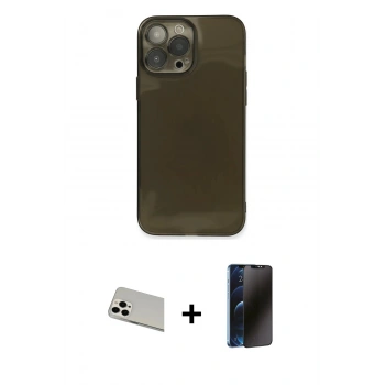 MARSİLYAN™- iPhone 13 Pro Max Kılıf Ahenk Doku - Siyah 3D Antistatik Hayalet Cam Ekran Koruyucu + Rainbow Kamera Lens Koruma Cam - BZ