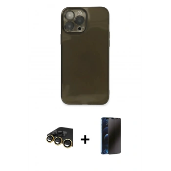 MARSİLYAN™- iPhone 13 Pro Max Kılıf Ahenk Doku - Siyah 3D Antistatik Hayalet Cam Ekran Koruyucu + Raze Metal Kamera Lens - GD