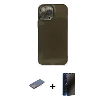 MARSİLYAN™- iPhone 13 Pro Max Kılıf Ahenk Doku - Siyah 3D Antistatik Hayalet Cam Ekran Koruyucu + Renkli Kamera Lens Koruma Cam - PE