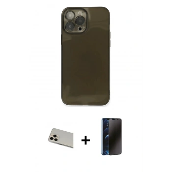 MARSİLYAN™- iPhone 13 Pro Max Kılıf Ahenk Doku - Siyah 3D Antistatik Hayalet Cam Ekran Koruyucu + Rainbow Kamera Lens Koruma Cam - REGD