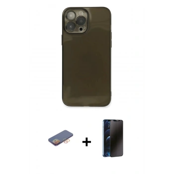 MARSİLYAN™- iPhone 13 Pro Max Kılıf Ahenk Doku - Siyah 3D Antistatik Hayalet Cam Ekran Koruyucu + Renkli Kamera Lens Koruma Cam - TU