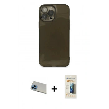 MARSİLYAN™- iPhone 13 Pro Max Kılıf Ahenk Doku - Siyah 6D Mat Seramik Hayalet Nano Ekran Koruyucu + Rainbow Kamera Lens Koruma Cam - MI