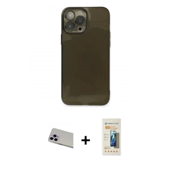 MARSİLYAN™- iPhone 13 Pro Max Kılıf Ahenk Doku - Siyah 6D Mat Seramik Hayalet Nano Ekran Koruyucu + Rainbow Kamera Lens Koruma Cam - MR
