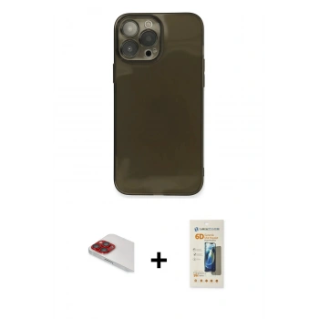 MARSİLYAN™- iPhone 13 Pro Max Kılıf Ahenk Doku - Siyah 6D Mat Seramik Hayalet Nano Ekran Koruyucu + Pers Alüminyum Kamera Lens - KI