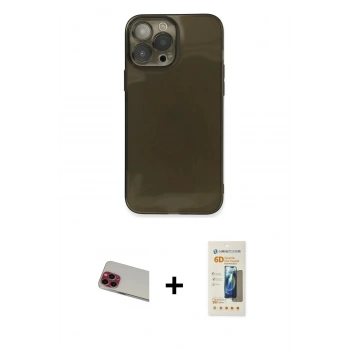 MARSİLYAN™- iPhone 13 Pro Max Kılıf Ahenk Doku - Siyah 6D Mat Seramik Hayalet Nano Ekran Koruyucu + Rainbow Kamera Lens Koruma Cam - KI