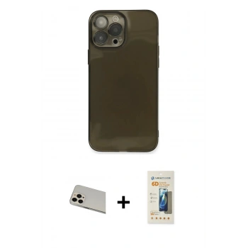 MARSİLYAN™- iPhone 13 Pro Max Kılıf Ahenk Doku - Siyah 6D Mat Seramik Hayalet Nano Ekran Koruyucu + Rainbow Kamera Lens Koruma Cam - REGD