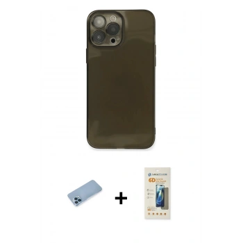 MARSİLYAN™- iPhone 13 Pro Max Kılıf Ahenk Doku - Siyah 6D Mat Seramik Hayalet Nano Ekran Koruyucu + Shine Kamera Lens Koruma Cam - MI