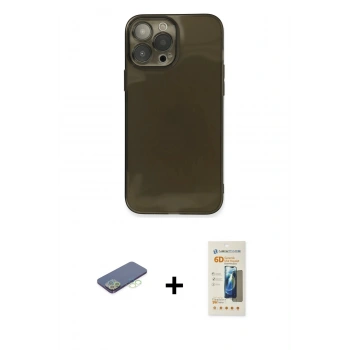 MARSİLYAN™- iPhone 13 Pro Max Kılıf Ahenk Doku - Siyah 6D Mat Seramik Hayalet Nano Ekran Koruyucu + Renkli Kamera Lens Koruma Cam - YL