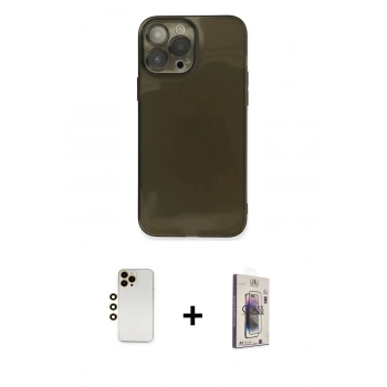 MARSİLYAN™- iPhone 13 Pro Max Kılıf Ahenk Doku - Siyah Bilvis 3D Cam Ekran Koruyucu + Shine Kamera Lens - GD