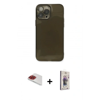 MARSİLYAN™- iPhone 13 Pro Max Kılıf Ahenk Doku - Siyah Bilvis 3D Cam Ekran Koruyucu + Pers Alüminyum Kamera Lens - KI