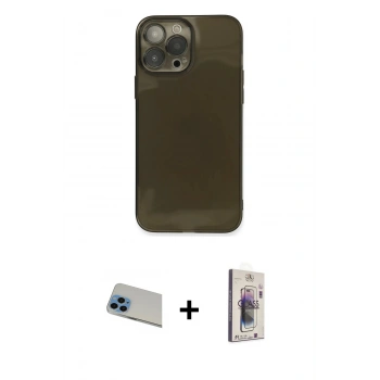 MARSİLYAN™- iPhone 13 Pro Max Kılıf Ahenk Doku - Siyah Bilvis 3D Cam Ekran Koruyucu + Rainbow Kamera Lens Koruma Cam - MI