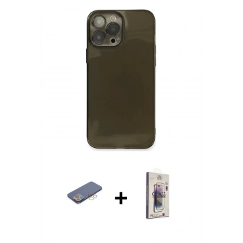 MARSİLYAN™- iPhone 13 Pro Max Kılıf Ahenk Doku - Siyah Bilvis 3D Cam Ekran Koruyucu + Renkli Kamera Lens Koruma Cam - MI