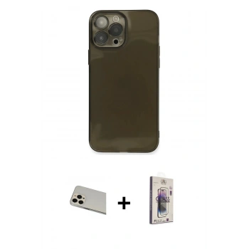 MARSİLYAN™- iPhone 13 Pro Max Kılıf Ahenk Doku - Siyah Bilvis 3D Cam Ekran Koruyucu + Rainbow Kamera Lens Koruma Cam - REGD