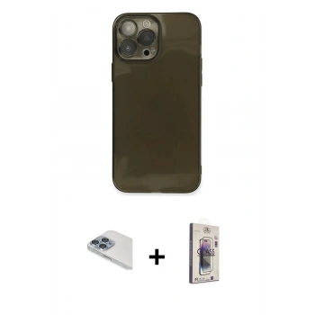 MARSİLYAN™- iPhone 13 Pro Max Kılıf Ahenk Doku - Siyah Bilvis 3D Cam Ekran Koruyucu + Pers Alüminyum Kamera Lens - SABE