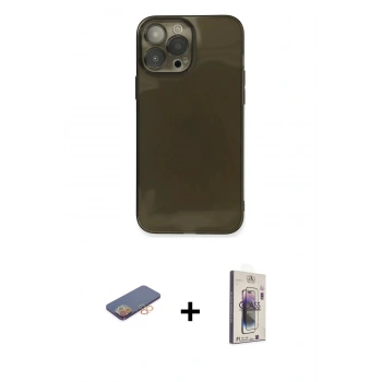 MARSİLYAN™- iPhone 13 Pro Max Kılıf Ahenk Doku - Siyah Bilvis 3D Cam Ekran Koruyucu + Renkli Kamera Lens Koruma Cam - TU