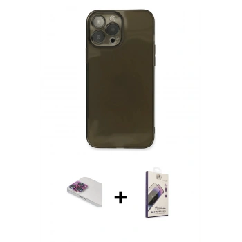 MARSİLYAN™- iPhone 13 Pro Max Kılıf Ahenk Doku - Siyah Bilvis 3D Mat Cam Ekran Koruyucu + Pers Alüminyum Kamera Lens - GI