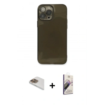 MARSİLYAN™- iPhone 13 Pro Max Kılıf Ahenk Doku - Siyah Bilvis 3D Mat Cam Ekran Koruyucu + Pers Alüminyum Kamera Lens - GD