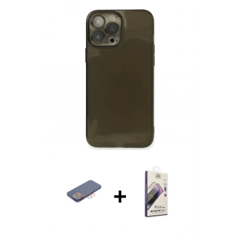 MARSİLYAN™- iPhone 13 Pro Max Kılıf Ahenk Doku - Siyah Bilvis 3D Mat Cam Ekran Koruyucu + Renkli Kamera Lens Koruma Cam - PE