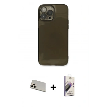 MARSİLYAN™- iPhone 13 Pro Max Kılıf Ahenk Doku - Siyah Bilvis 3D Mat Cam Ekran Koruyucu + Rainbow Kamera Lens Koruma Cam - REGD